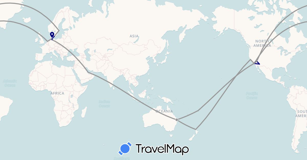 TravelMap itinerary: driving, plane in Australia, Germany, Denmark, Fiji, Netherlands, New Zealand, Qatar, Sweden, United States (Asia, Europe, North America, Oceania)